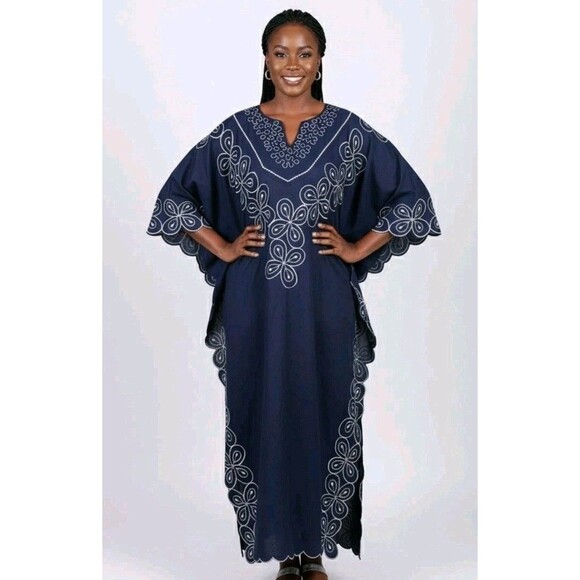 Vintage Ashanti Women Dark Blue African 100% Linen Kimono Kaftan Embroidered OS - Picture 1 of 16